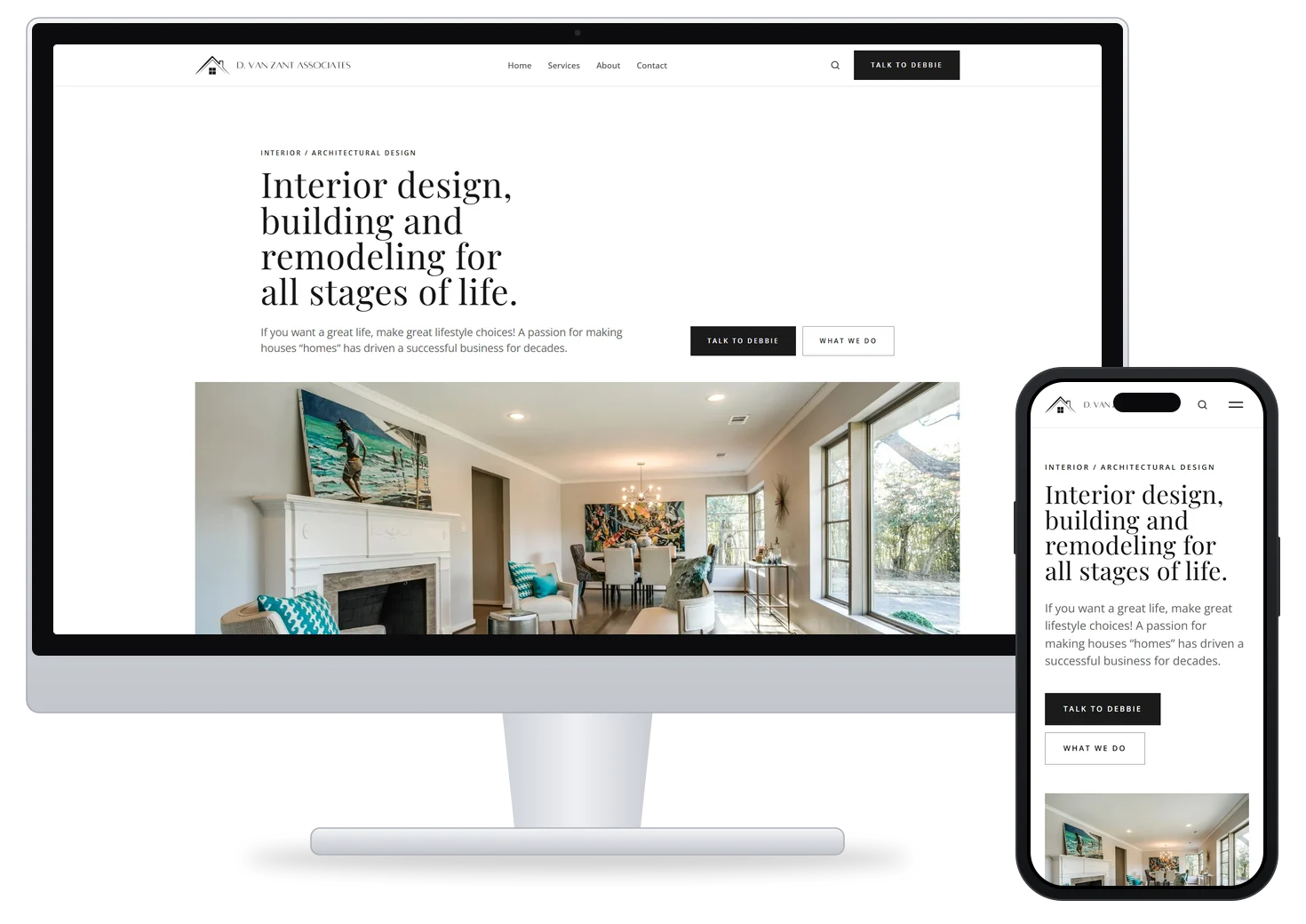 The new D. Van Zant Associates website, version 1, on a desktop monitor and a phone