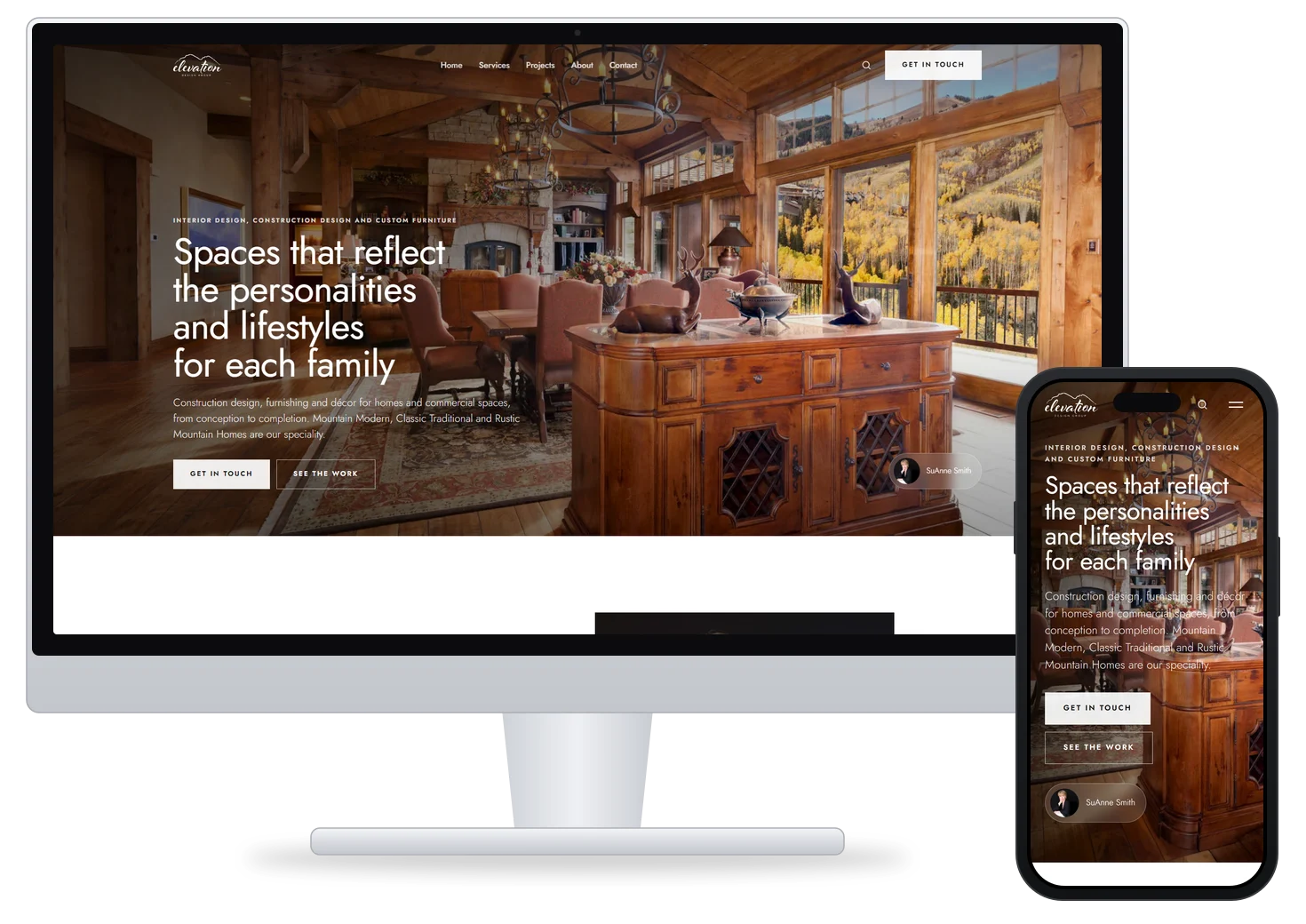 The new Elevation Design Group website, version 1, on a desktop monitor and a phone