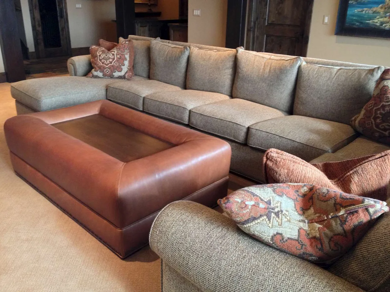 Custom patterned ottoman on a metal sled base