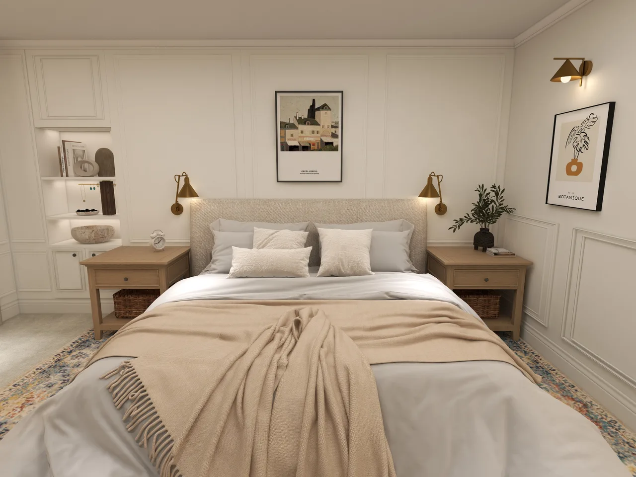 bedroom, beige upholstered headboard, nightstands, Bowmont Bedroom