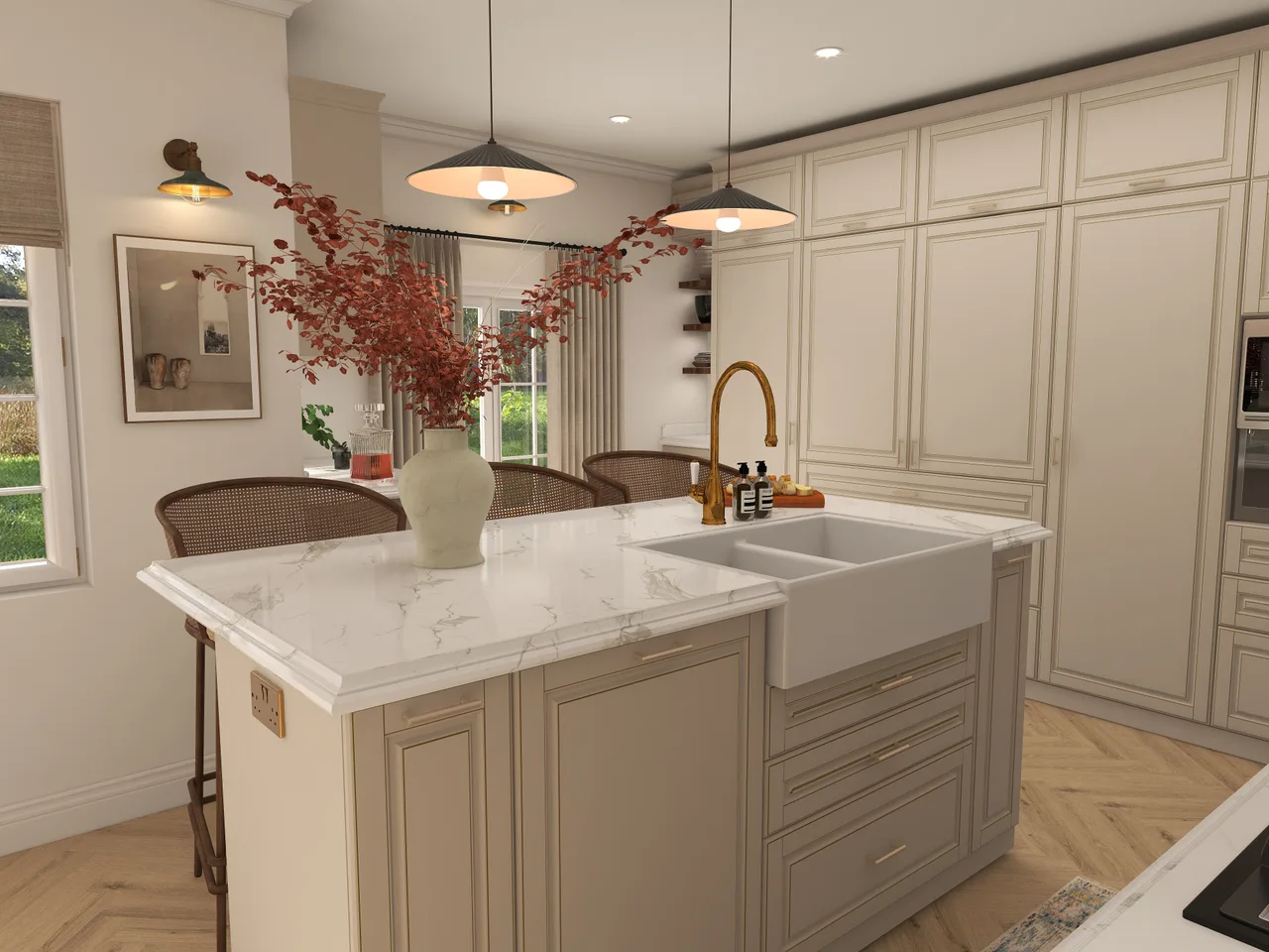 kitchen island, red floral styling, pendant lights, Juniper Kitchen