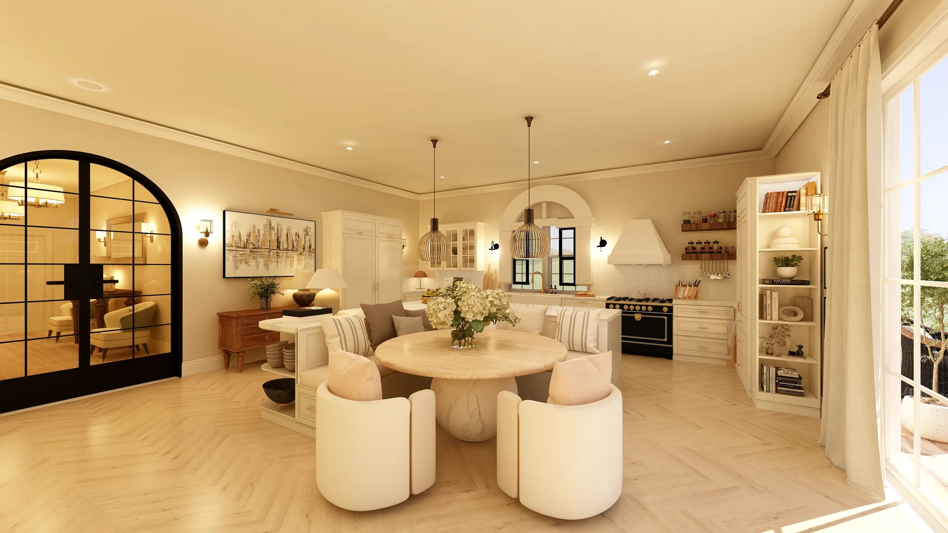 dining nook, arched windows, round table, rattan chairs, Suffolk Kitchen | Living