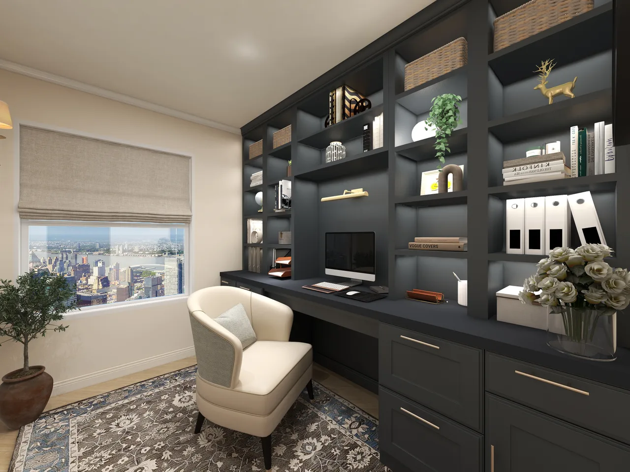 Richmond home office, dark built-ins, city view; similar to #36, Richmond Office