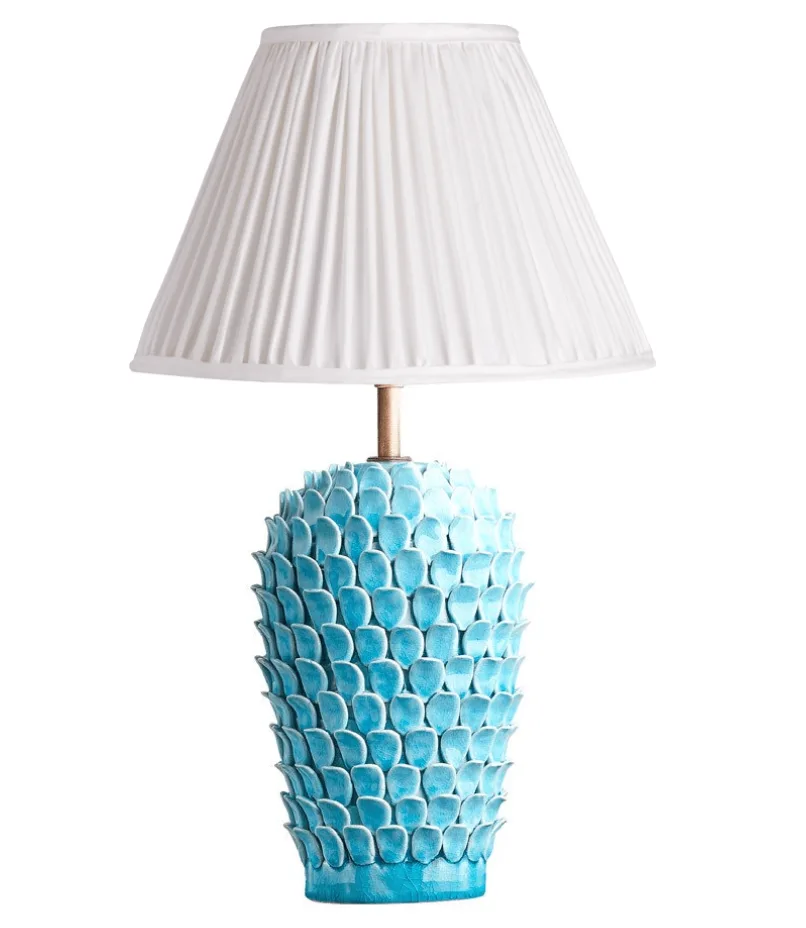 table lamp, teal pinecone base, pleated shade - lighting comparison blog