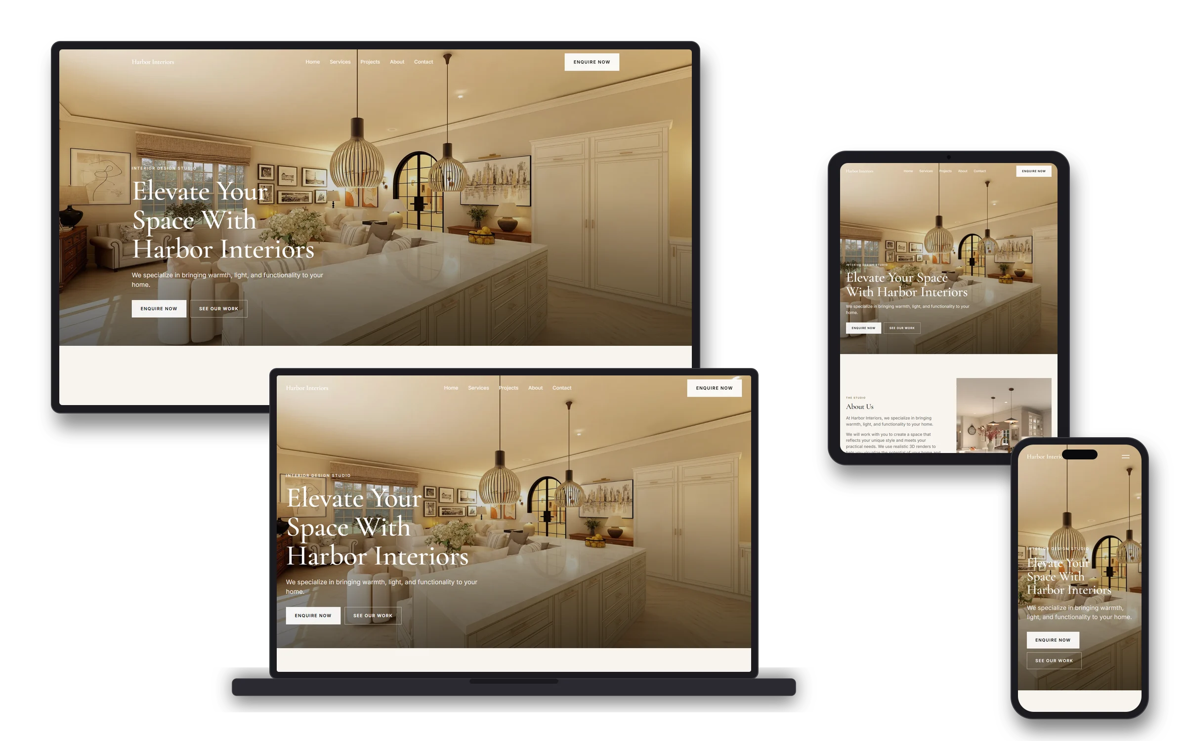 Version 1, Editorial Gallery, on a monitor, a laptop, an iPad and an iPhone