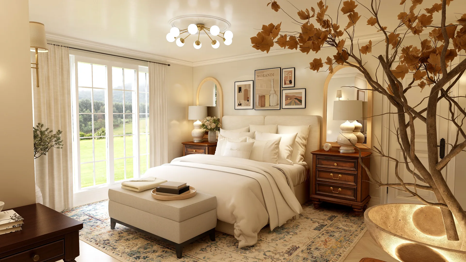 Braemar bedroom, chandelier, window; duplicate source of #3/#33, Braemar Bedroom
