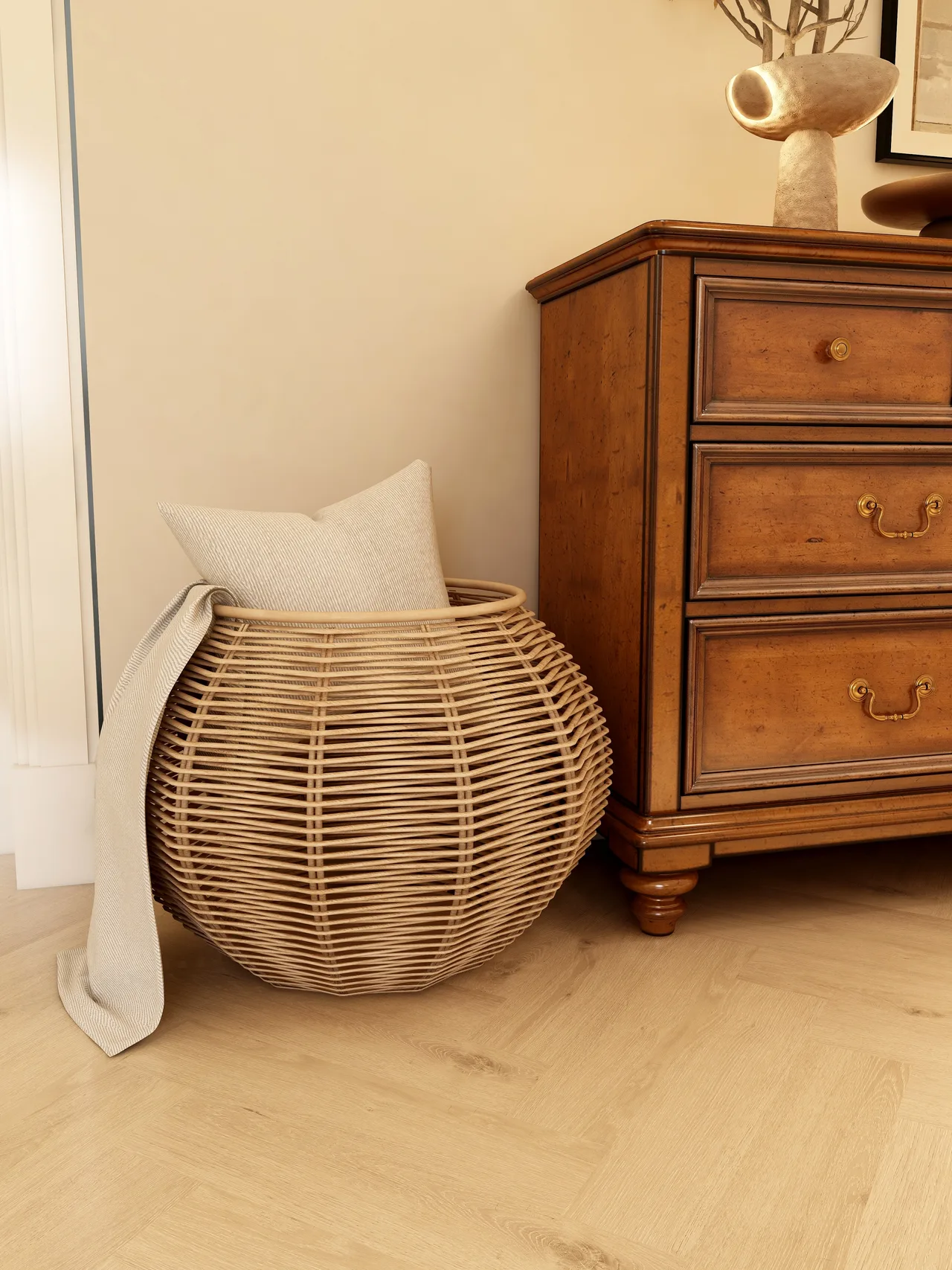 dresser, woven basket, close detail, Braemar Bedroom