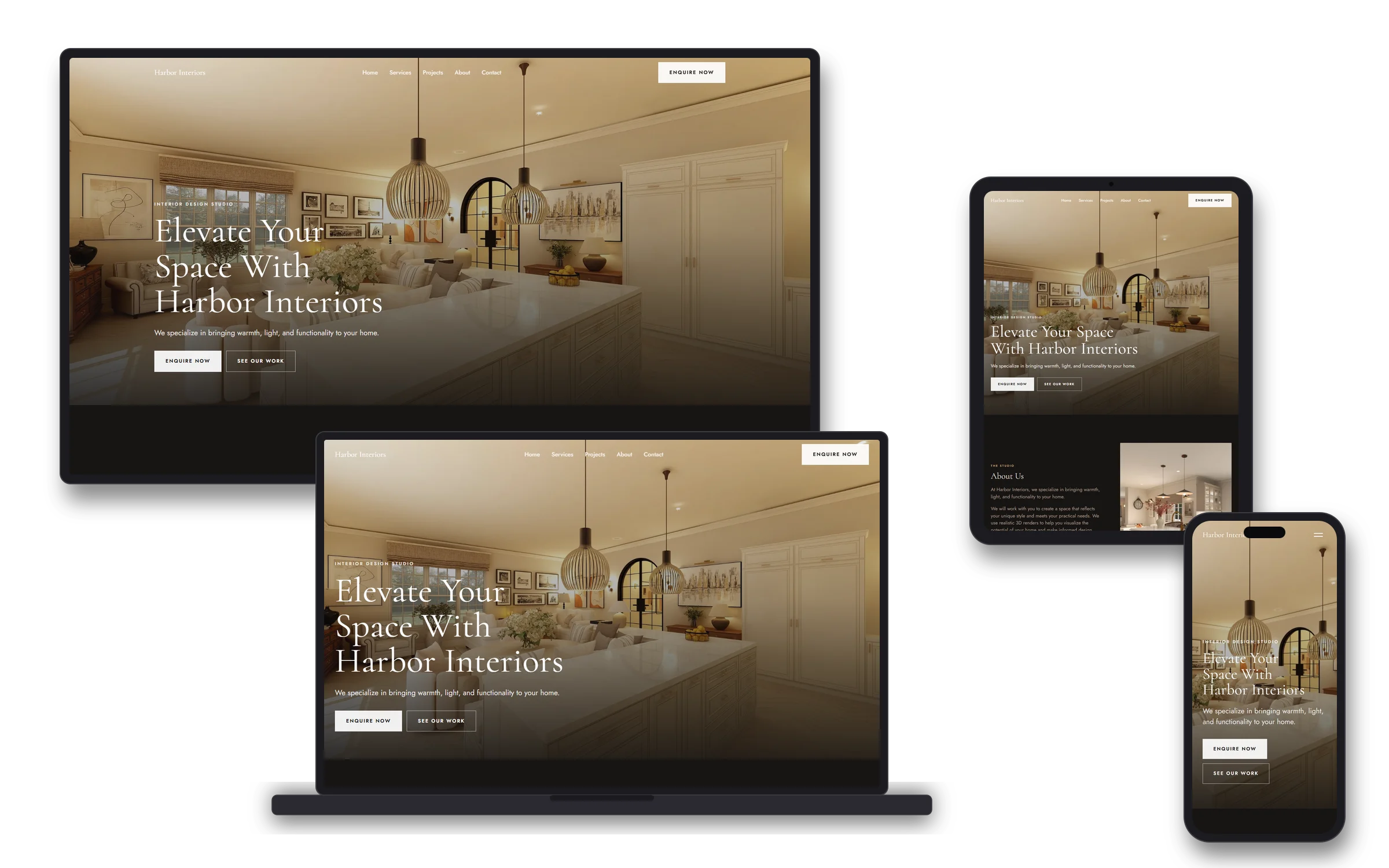 Version 3, Quiet Luxury, on a monitor, a laptop, an iPad and an iPhone