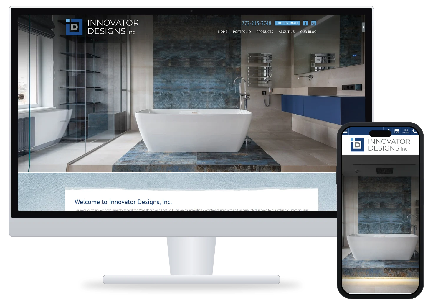 Innovator Designs, Inc.'s current website on a desktop monitor and a phone