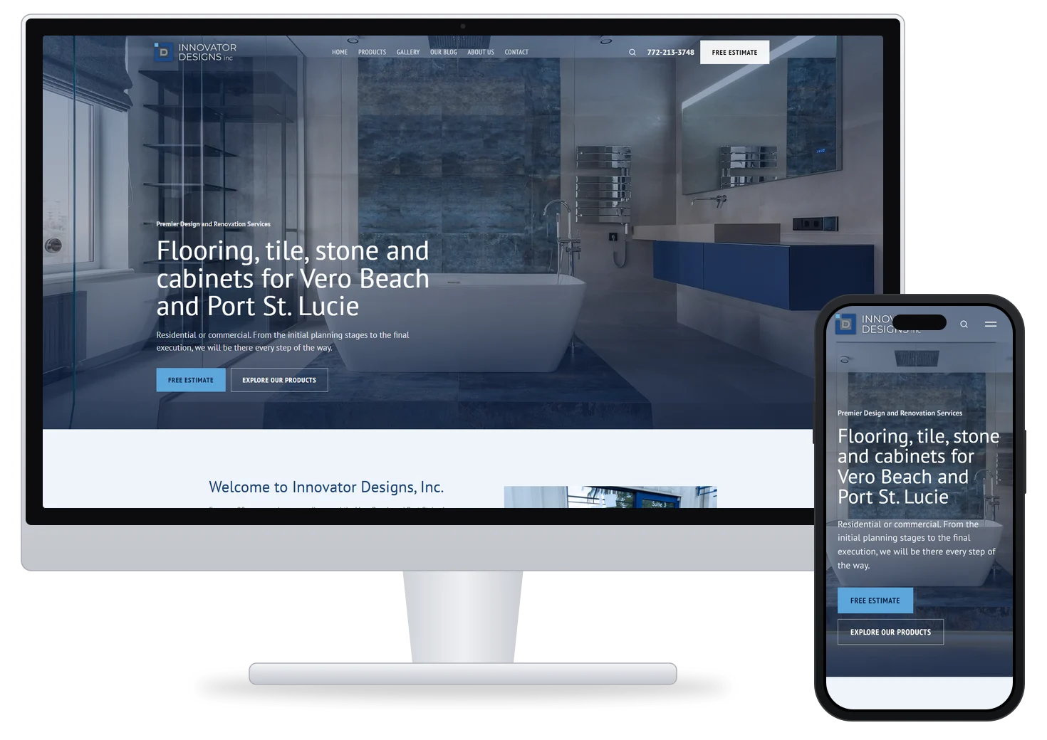 The new Innovator Designs, Inc. website, version 1, on a desktop monitor and a phone