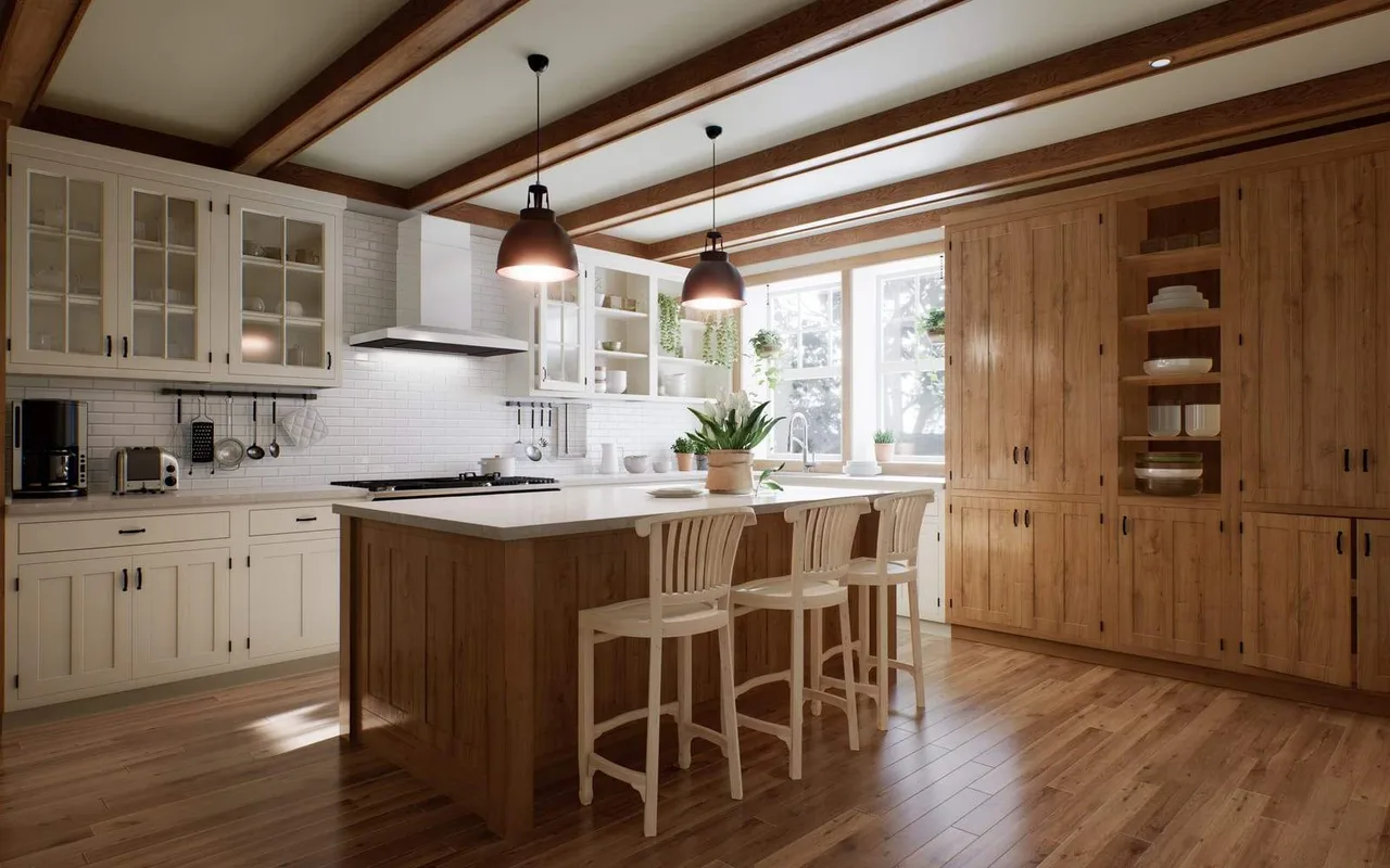 Interior of a large kitchen with custom cabinets