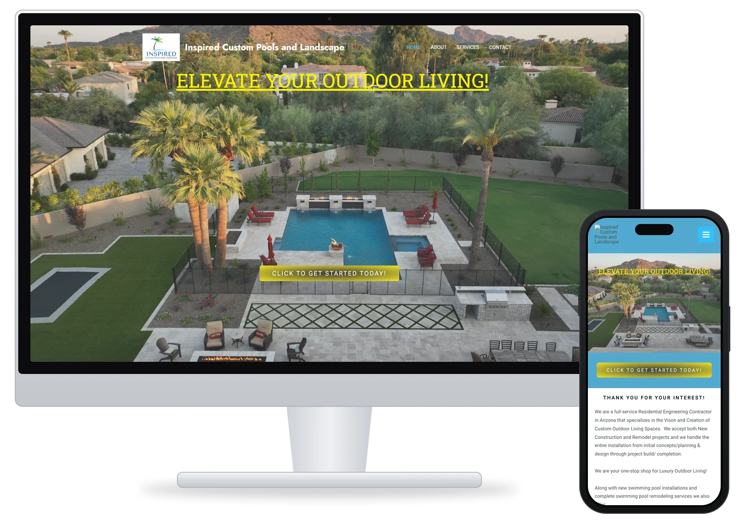 Inspired Custom Pools and Landscape's current website on a desktop monitor and a phone