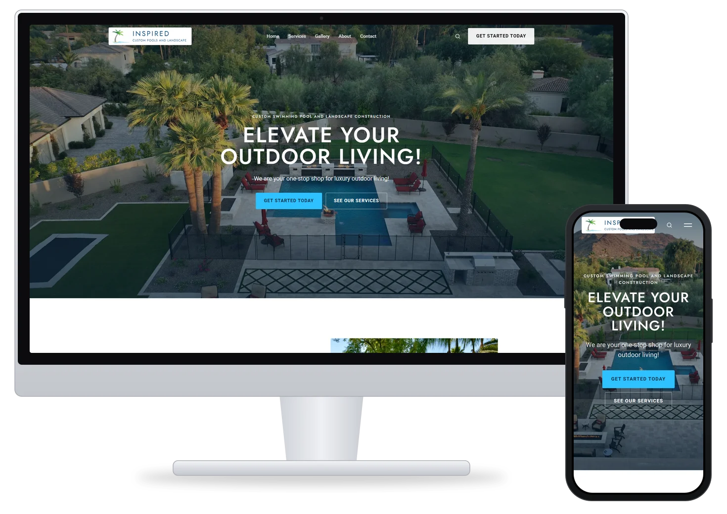 The new Inspired Custom Pools and Landscape website, version 1, on a desktop monitor and a phone
