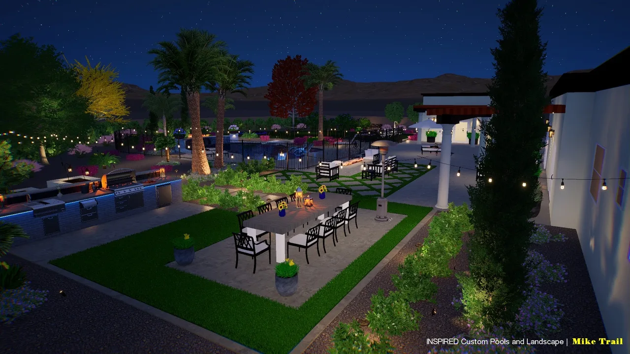 3D design of a backyard at night with a dining area, turf and string lights