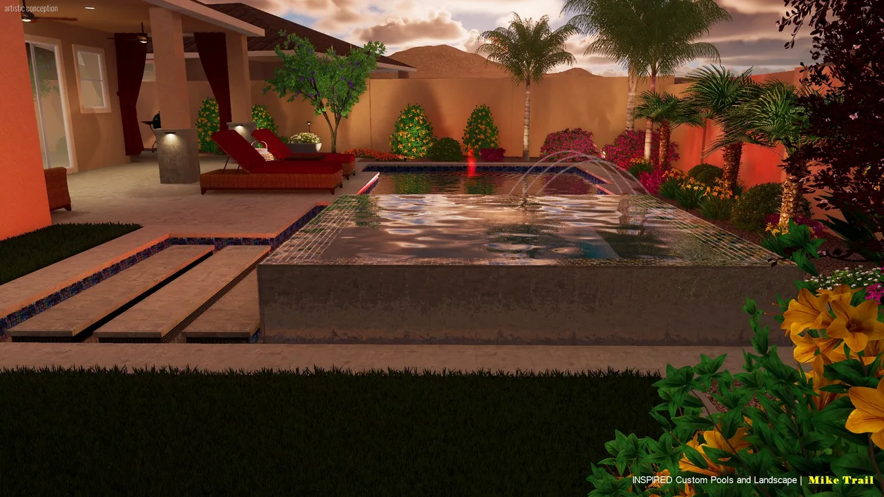 3D design of a raised spa with water arcs and stepping pads at sunset