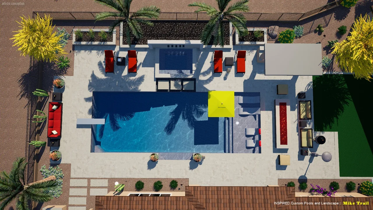 3D design, plan view of a backyard with a pool, lounge seating and turf