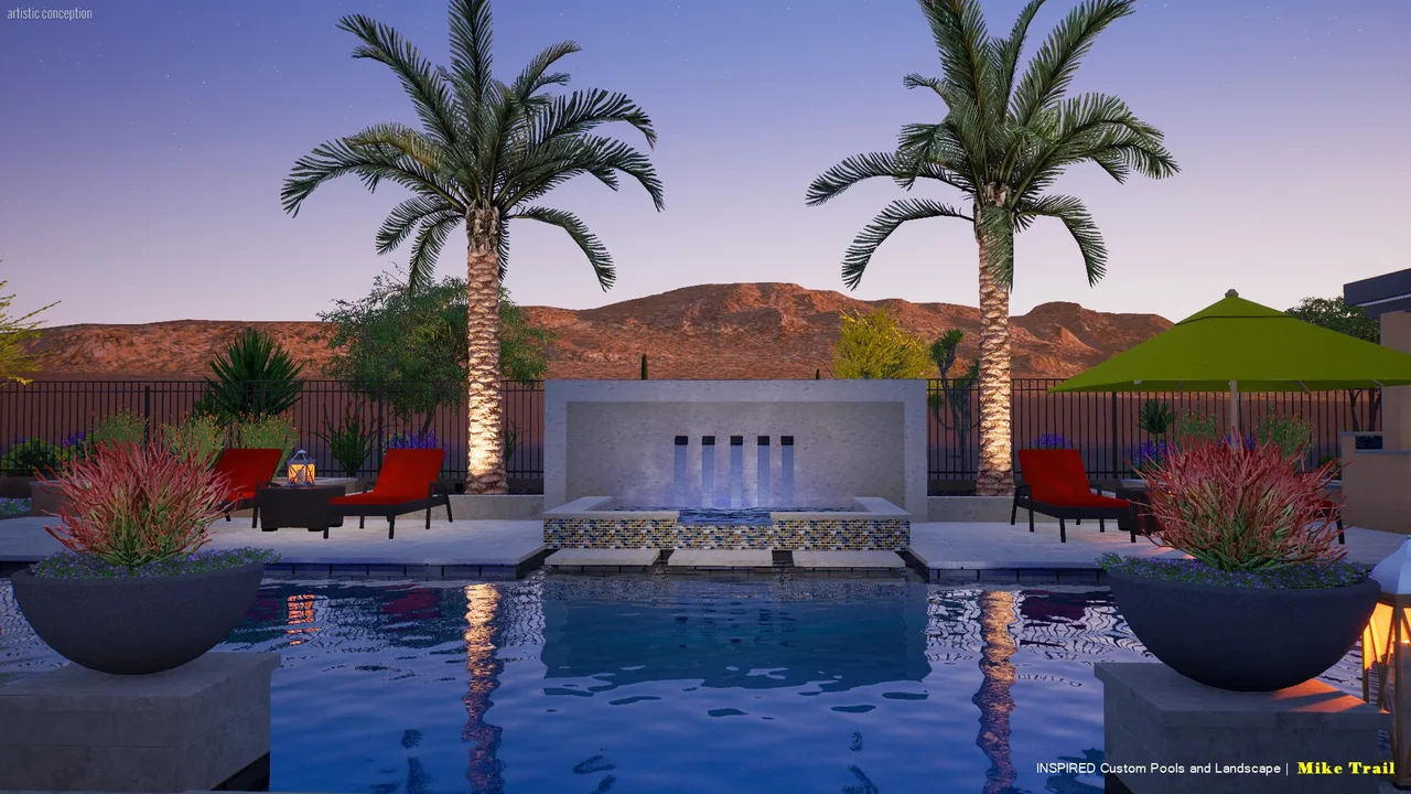 3D design of a pool at dusk with a water feature wall, palms and mountains