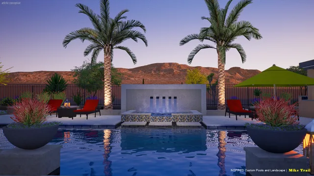 Custom 3D designs: 3D design of a pool at dusk with a water feature wall, palms and mountains