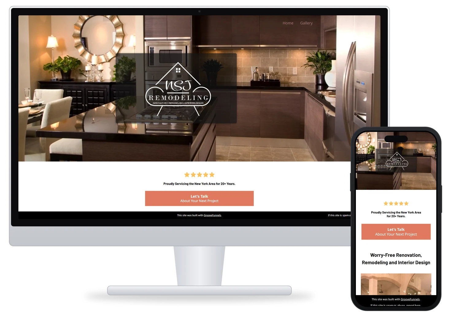 NSJ Remodeling's current website on a desktop monitor and a phone