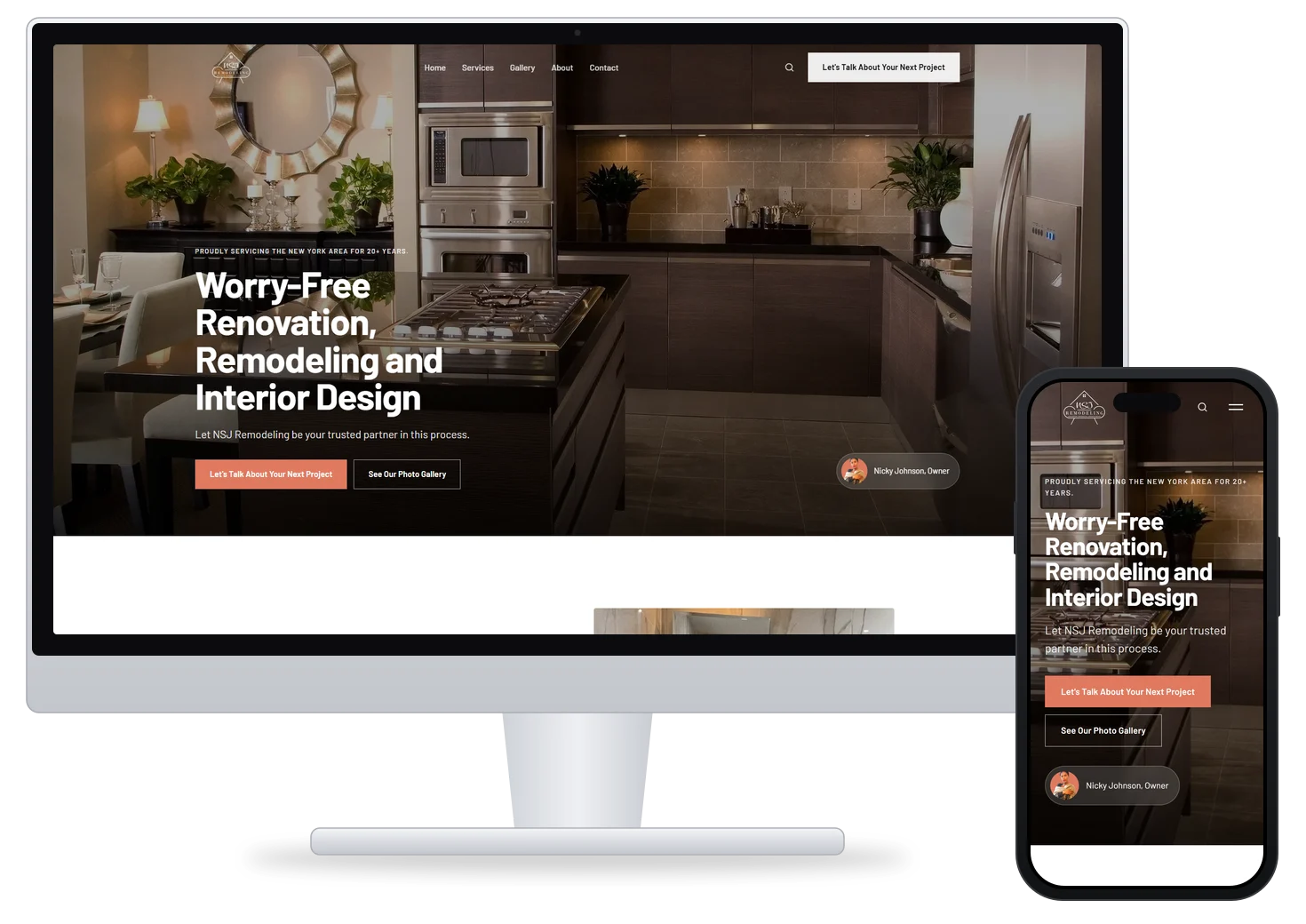 The new NSJ Remodeling website, version 1, on a desktop monitor and a phone