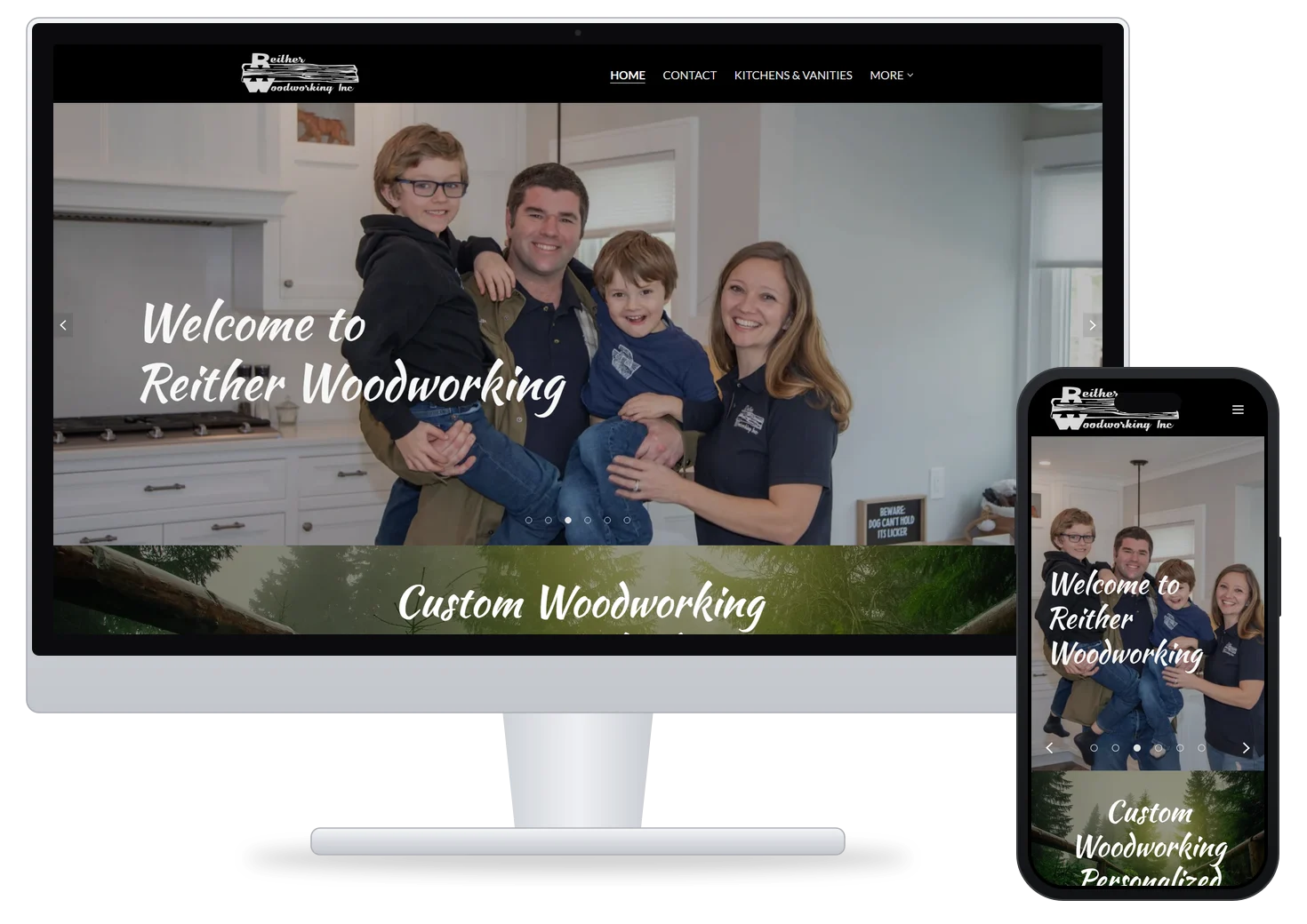 Reither Woodworking Inc's current website on a desktop monitor and a phone
