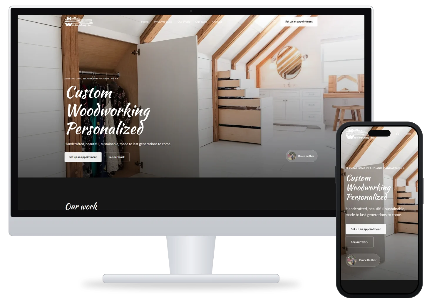 The new Reither Woodworking Inc website, version 1, on a desktop monitor and a phone