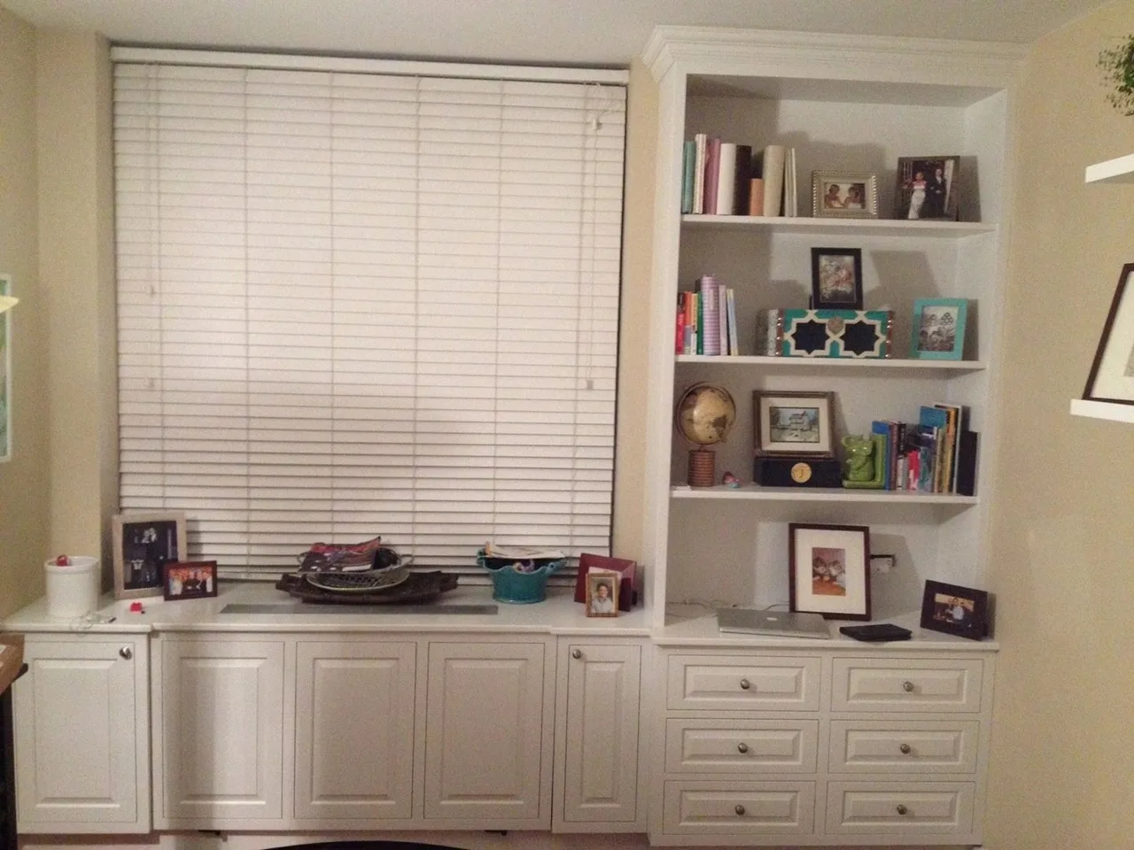 white built-in desk and shelves with blinds, Built-Ins & Furniture
