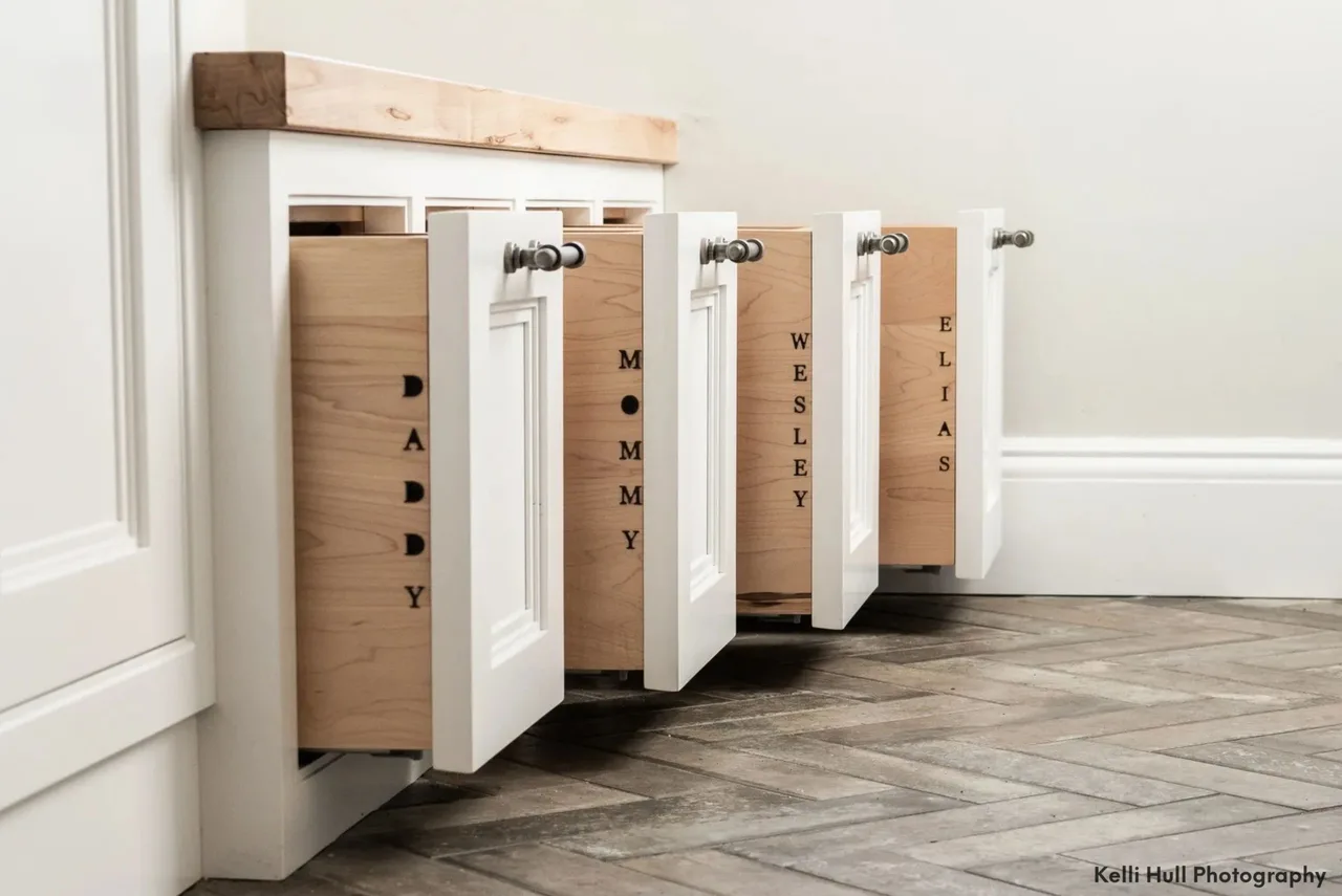 drawers engraved with family names, Custom Through Tenon Joinery and Carvings