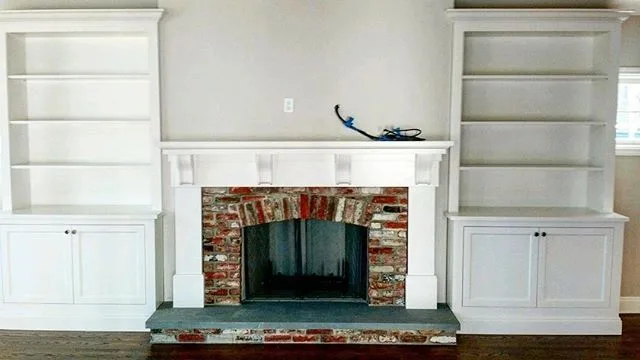 white fireplace mantel with brick and built-ins, Built-Ins & Furniture
