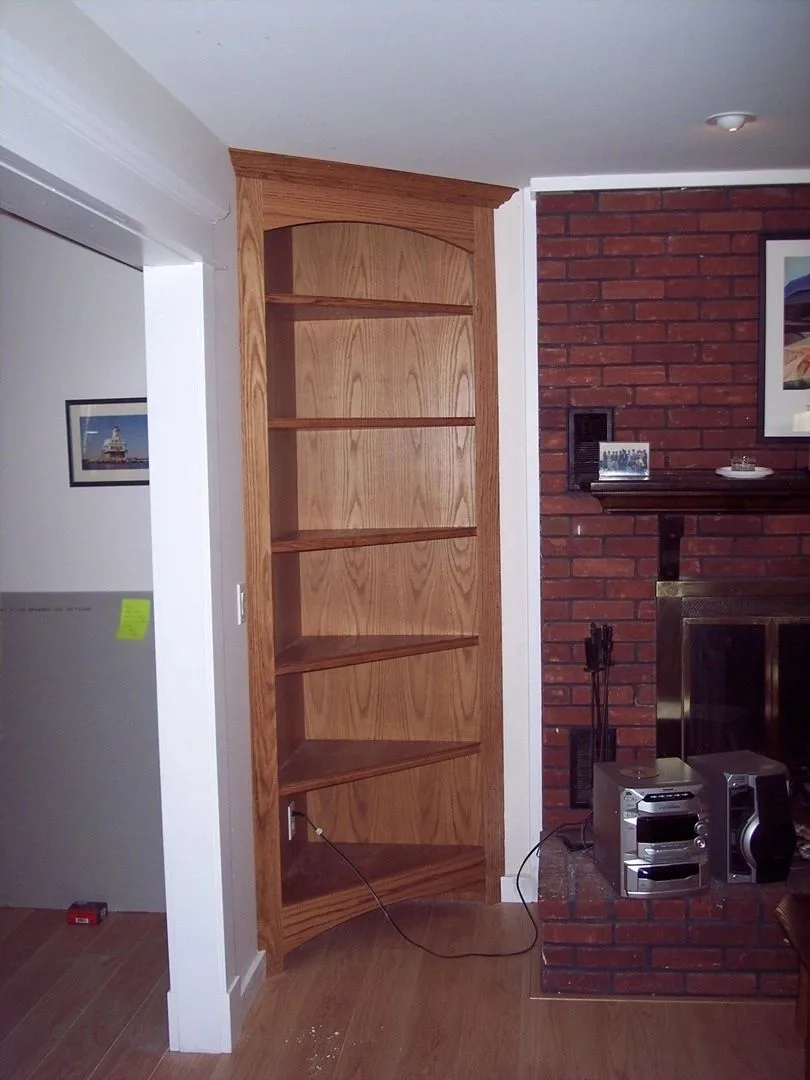 oak corner cabinet by brick fireplace, Built-Ins & Furniture