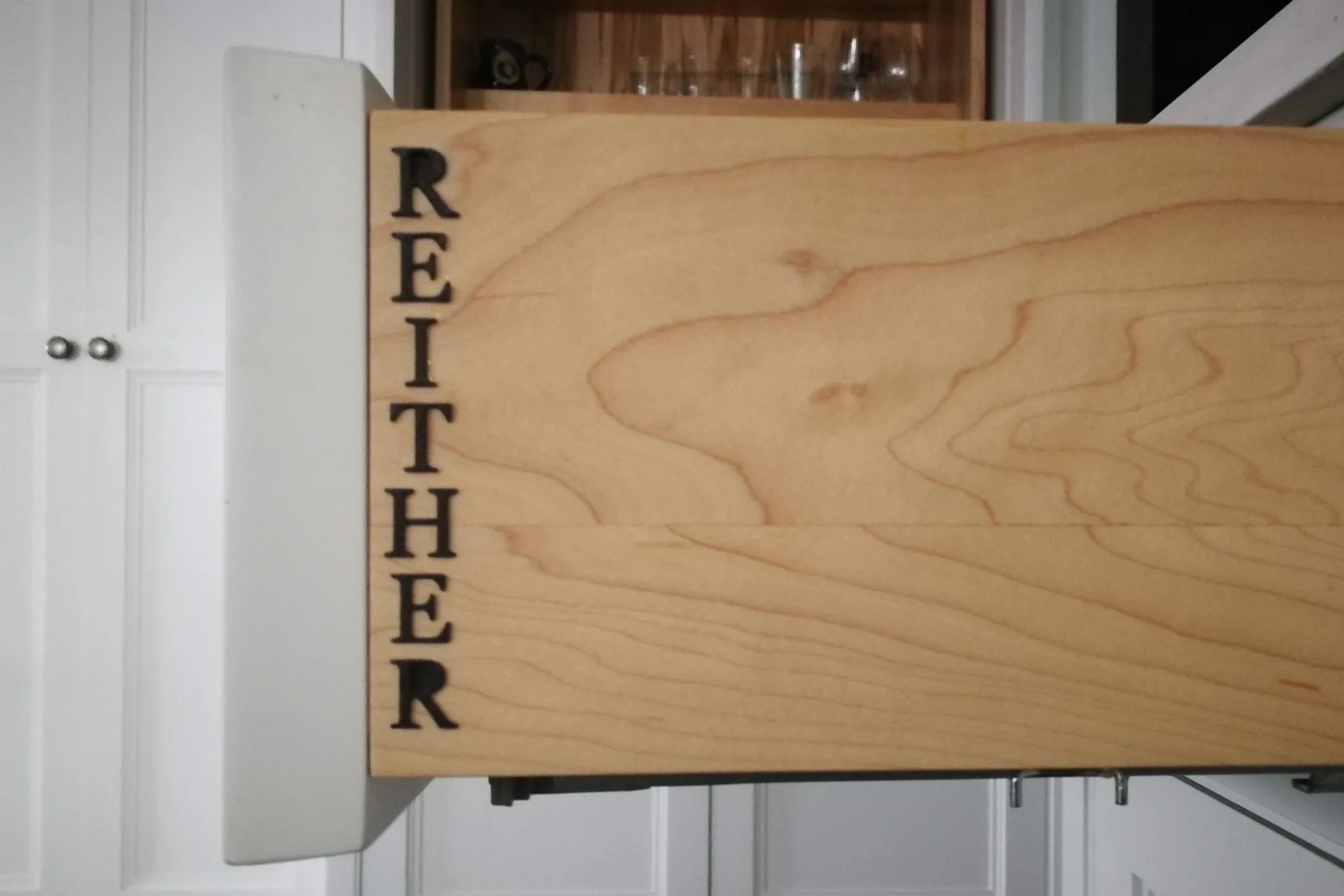 drawer front engraved REITHER, Custom Through Tenon Joinery and Carvings