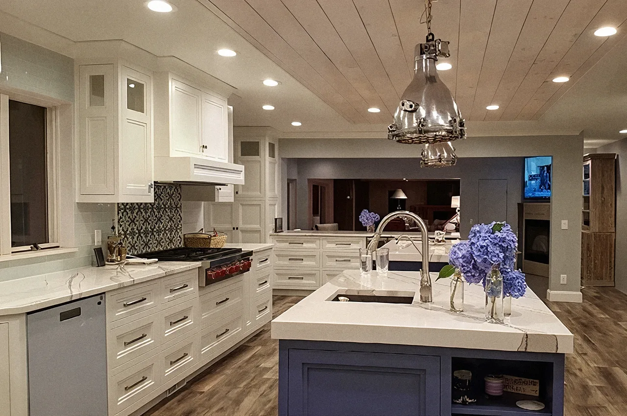 white kitchen with blue-gray island and pendant, Kitchens & Vanities