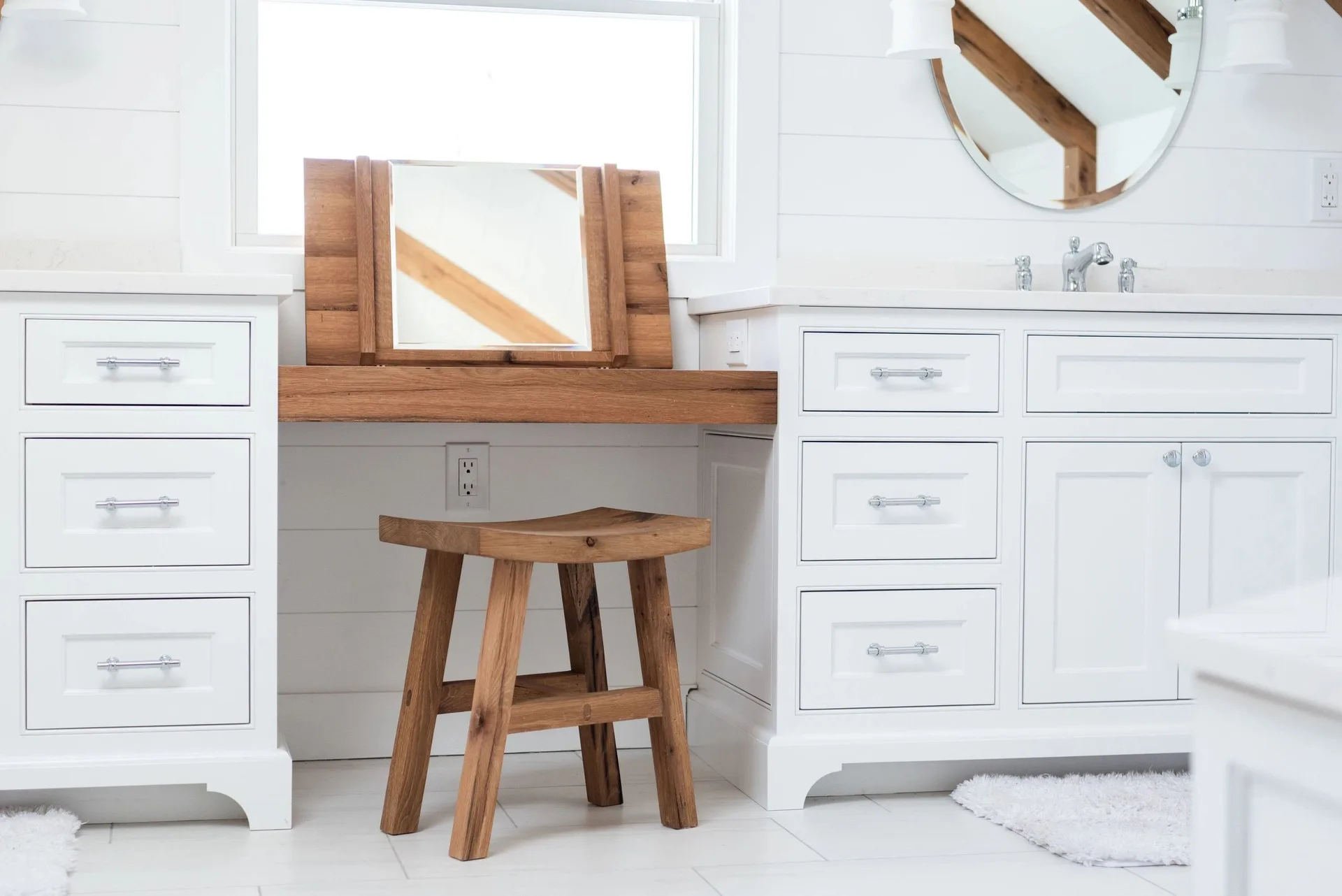 white inset vanity with shiplap and stool, Kitchens & Vanities