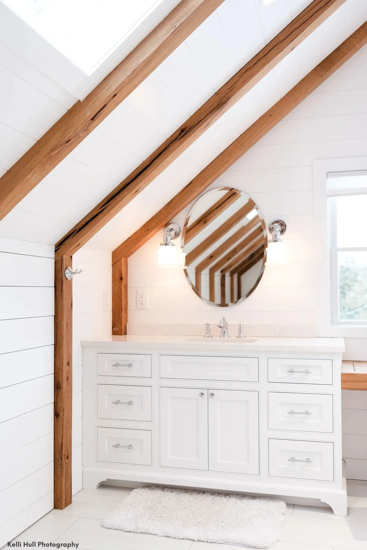 vaulted bath with beams and round mirror; portrait, Kitchens & Vanities