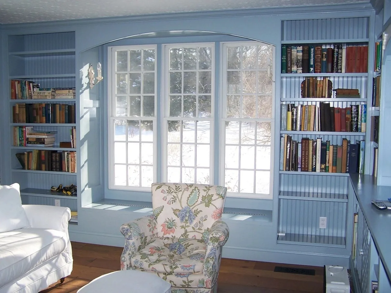 blue-gray room with bookcases around windows, Built-Ins & Furniture