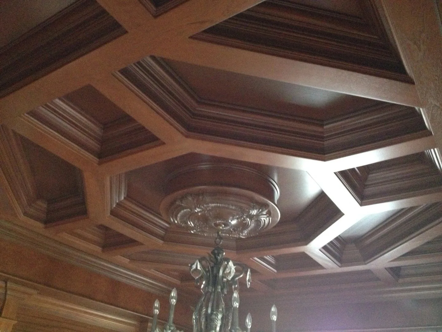 coffered octagonal paneled ceiling with chandelier, Paneled Rooms