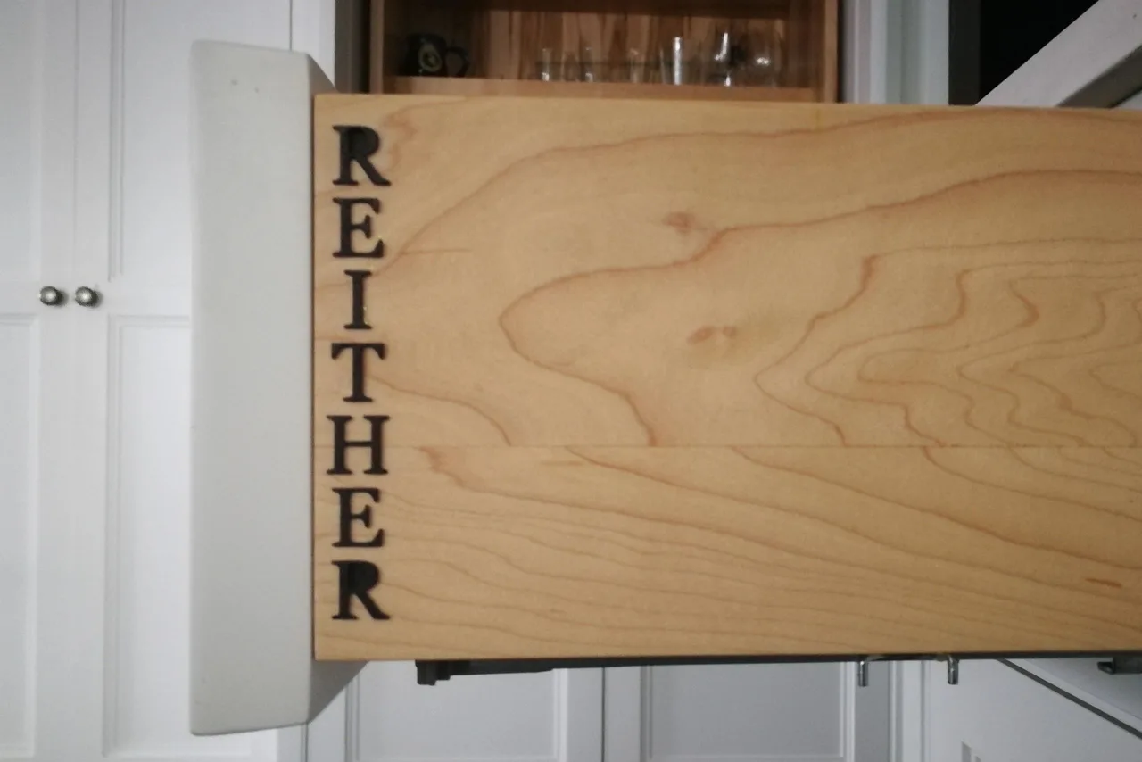 drawer front engraved REITHER, Custom Through Tenon Joinery and Carvings