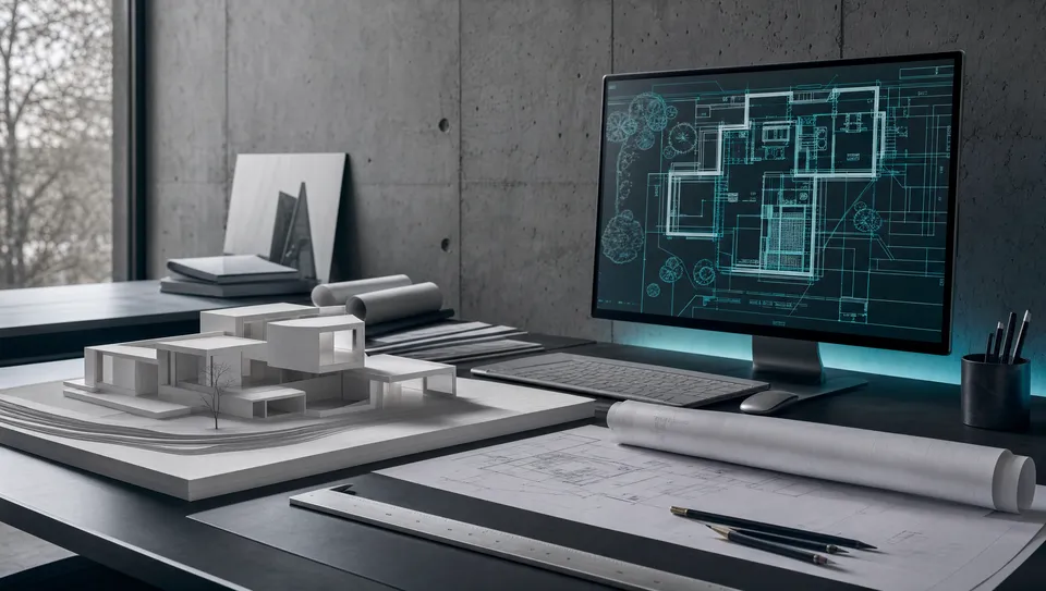An architect studio desk with a concept model and drawings