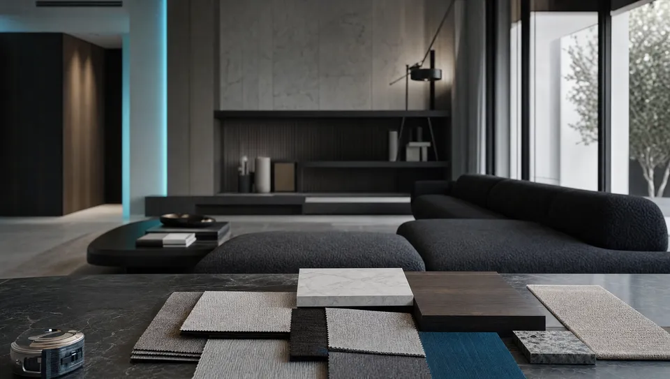 A modern living room with a designer material palette laid out on the table