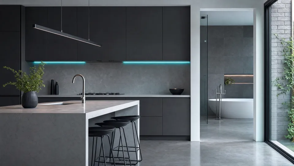 A modern kitchen with slate cabinetry and a quartz island