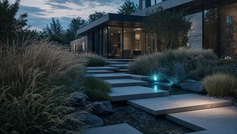 A contemporary landscape design at dusk with a stone pathway