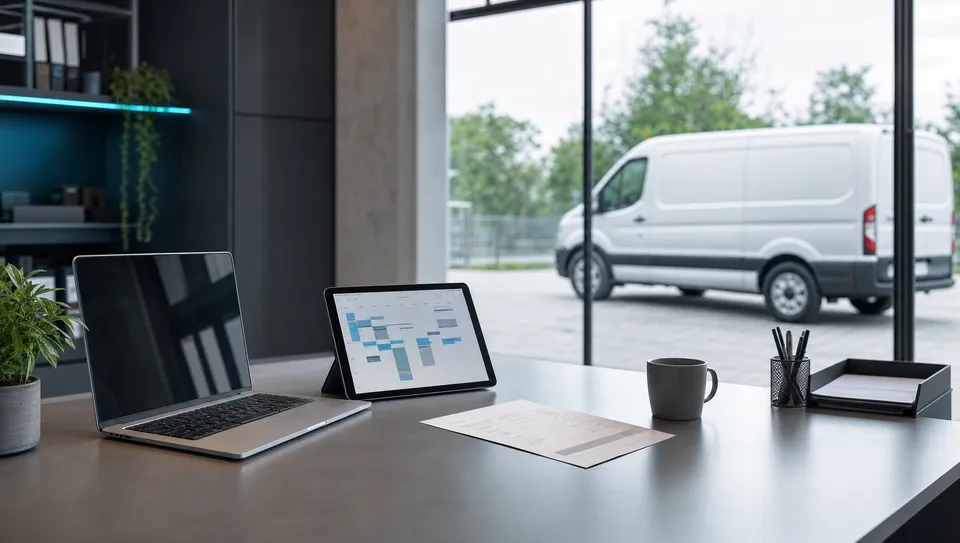 A tidy small-business front desk with a laptop and schedule